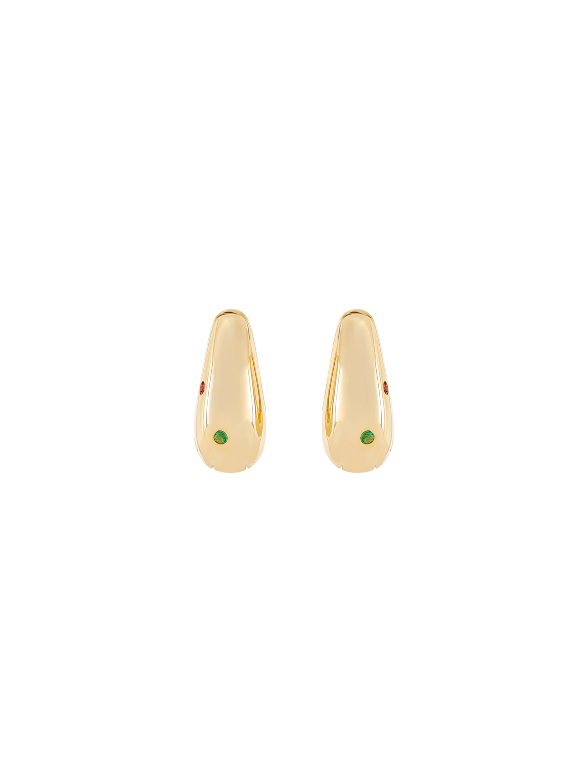 A pair of Halo Hoops on white: smooth gold domes scattered with five tiny coloured stones