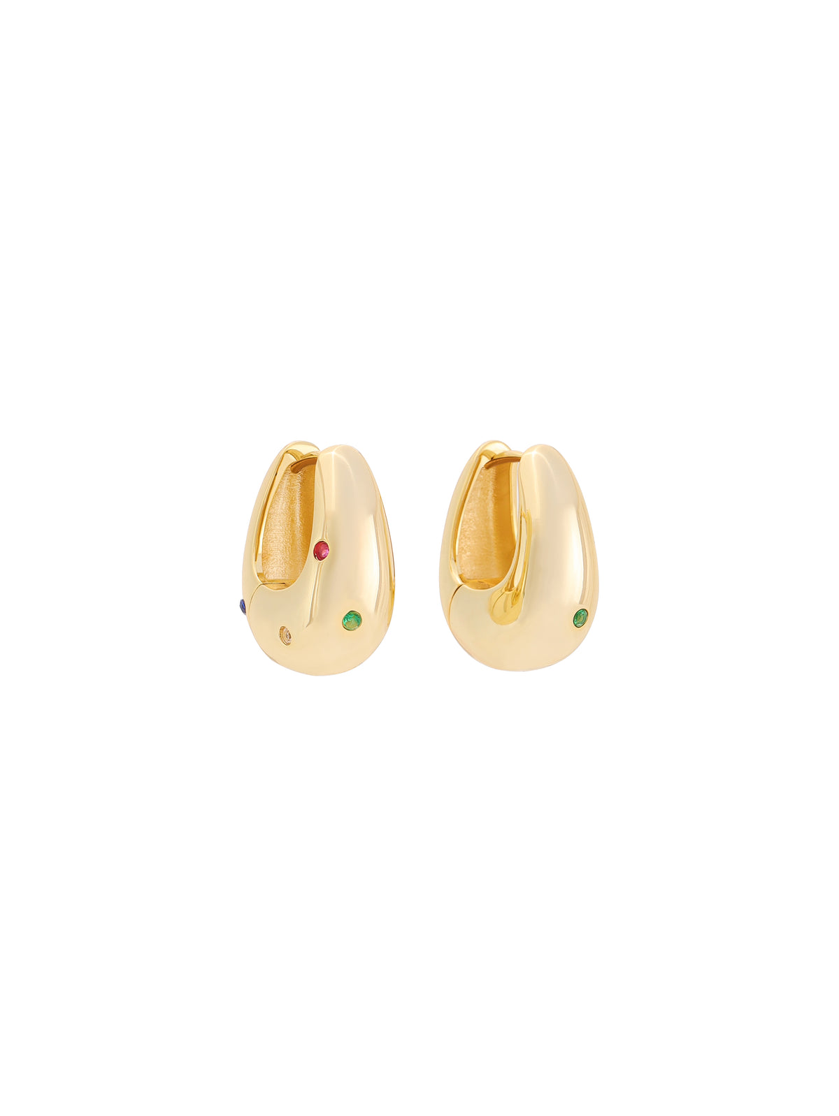 A pair of Halo Hoops on white, angled to show the red and green stones set flush into the gold