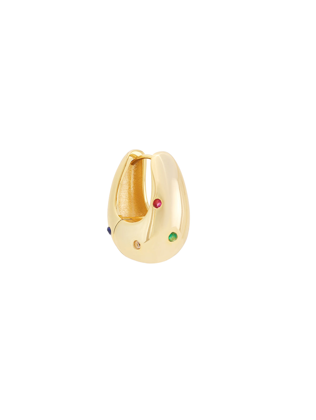 Close view of one Halo Hoop, the five element stones set into the polished gold surface