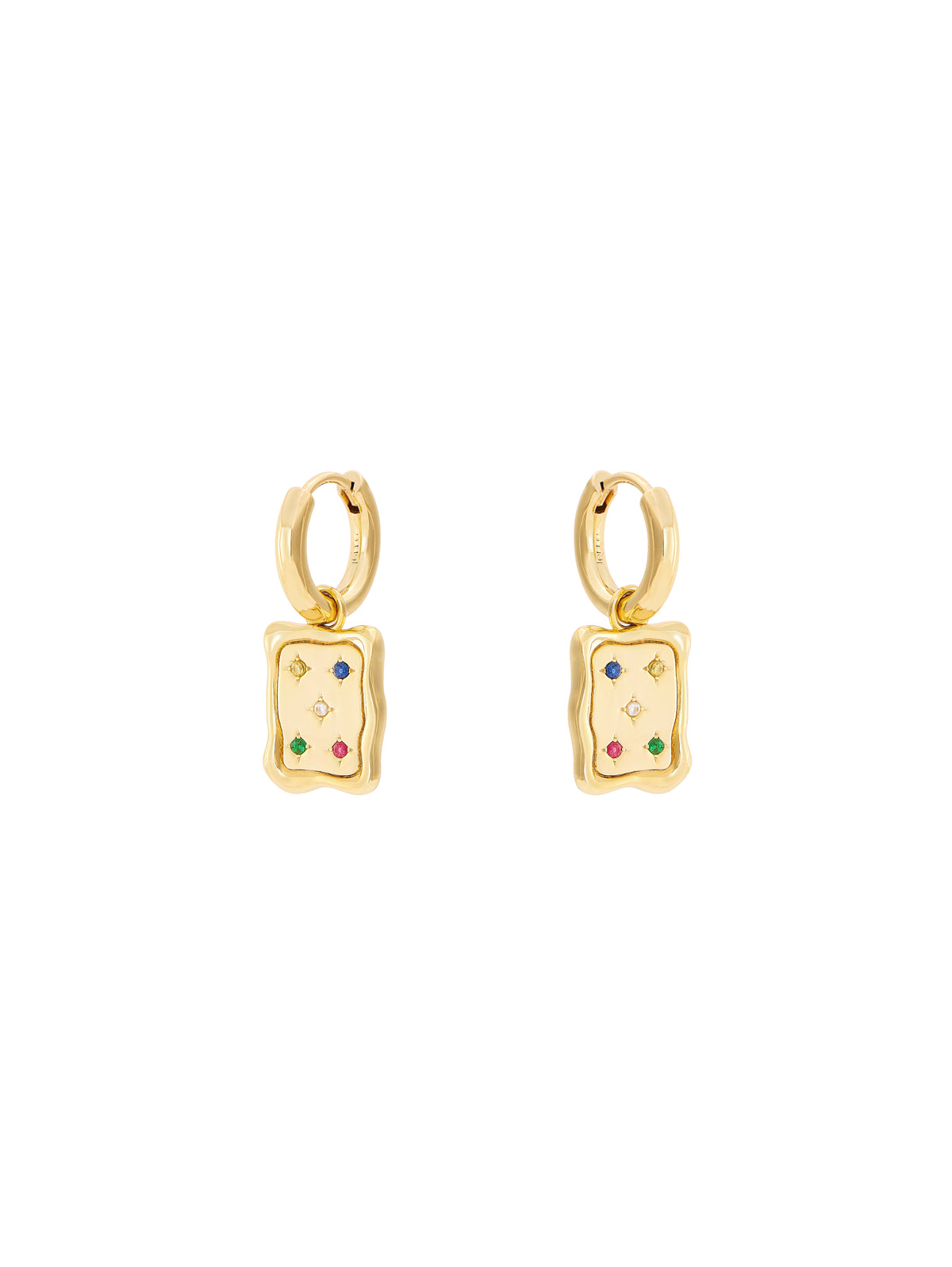 Close view of the Constellation Signet Hoops, five coloured element stones set into each gold tablet