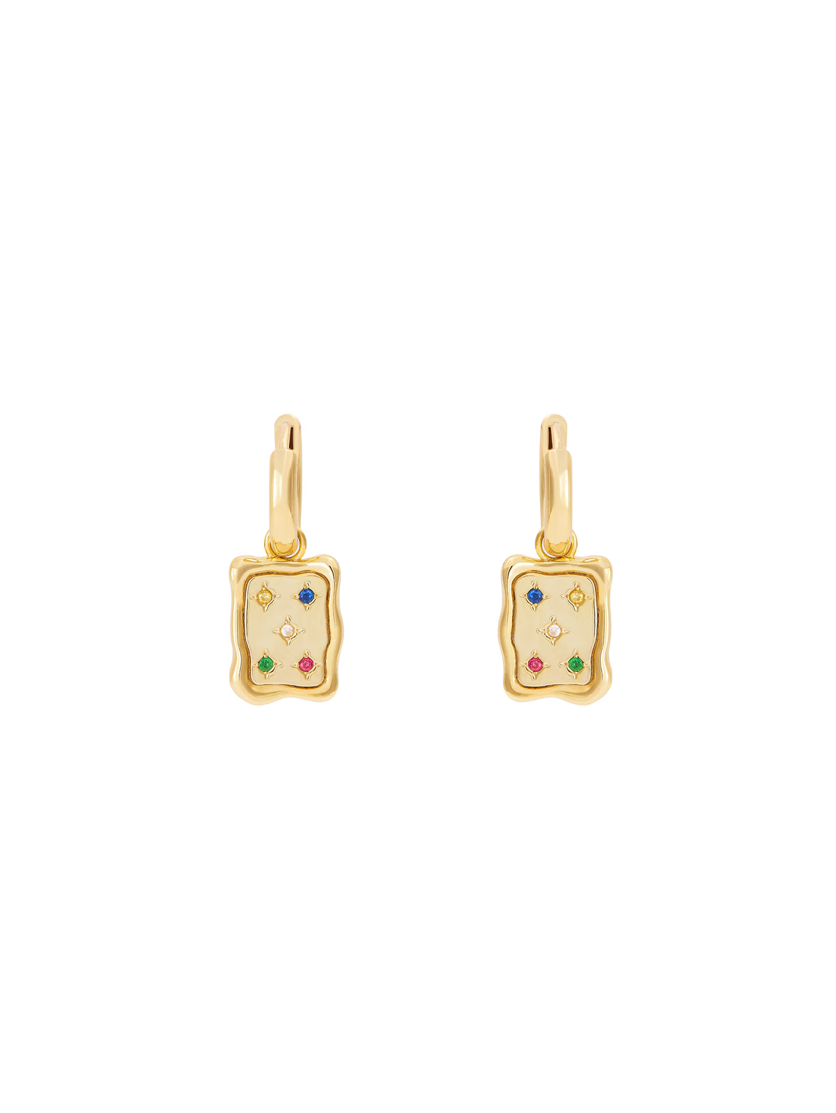 A pair of Terre Constellation Signet Hoops on white: gold tablets set with five small coloured stones