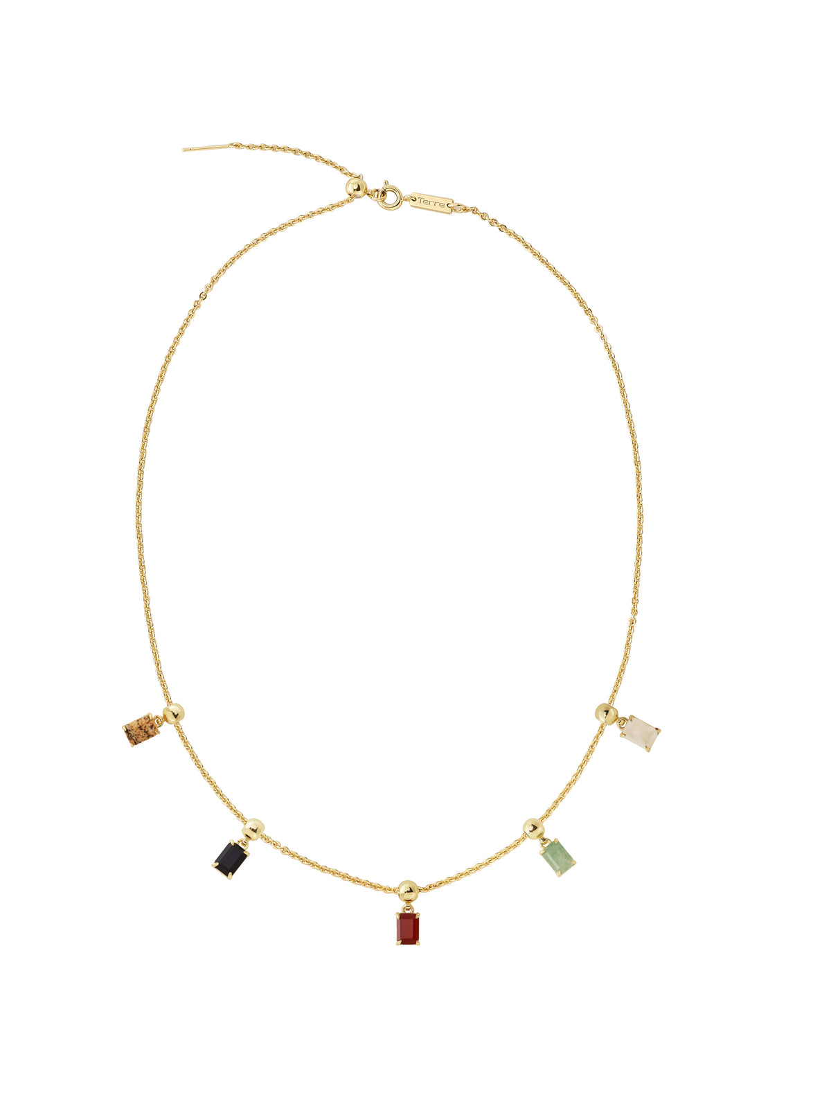 The Terre Five Elements Necklace laid flat: five natural stones spaced along a fine gold chain