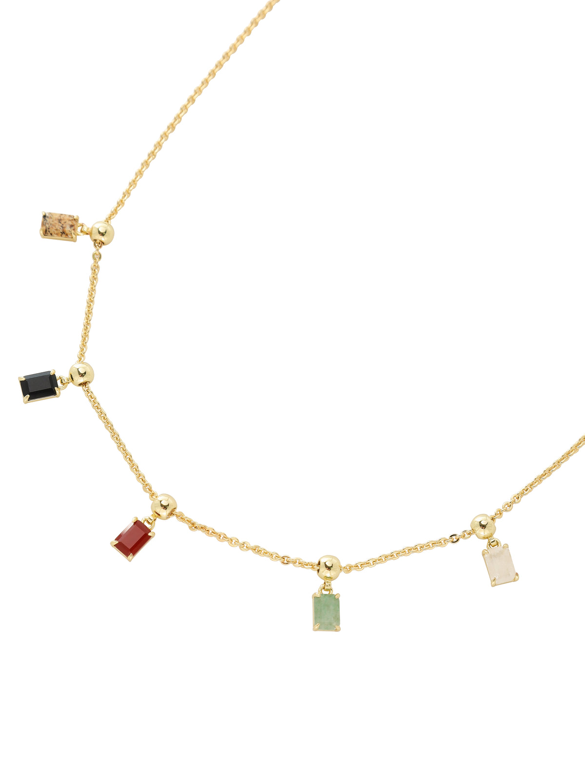 Close view of the Five Elements Necklace showing the green, red and white stones in their gold settings