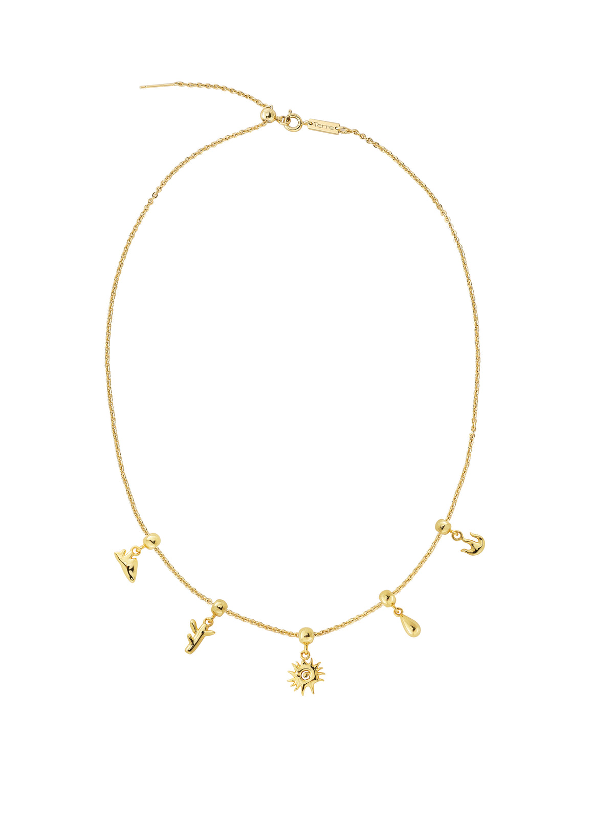 The Terre Talisman Charm Necklace laid flat: five gold element charms spaced along a fine chain