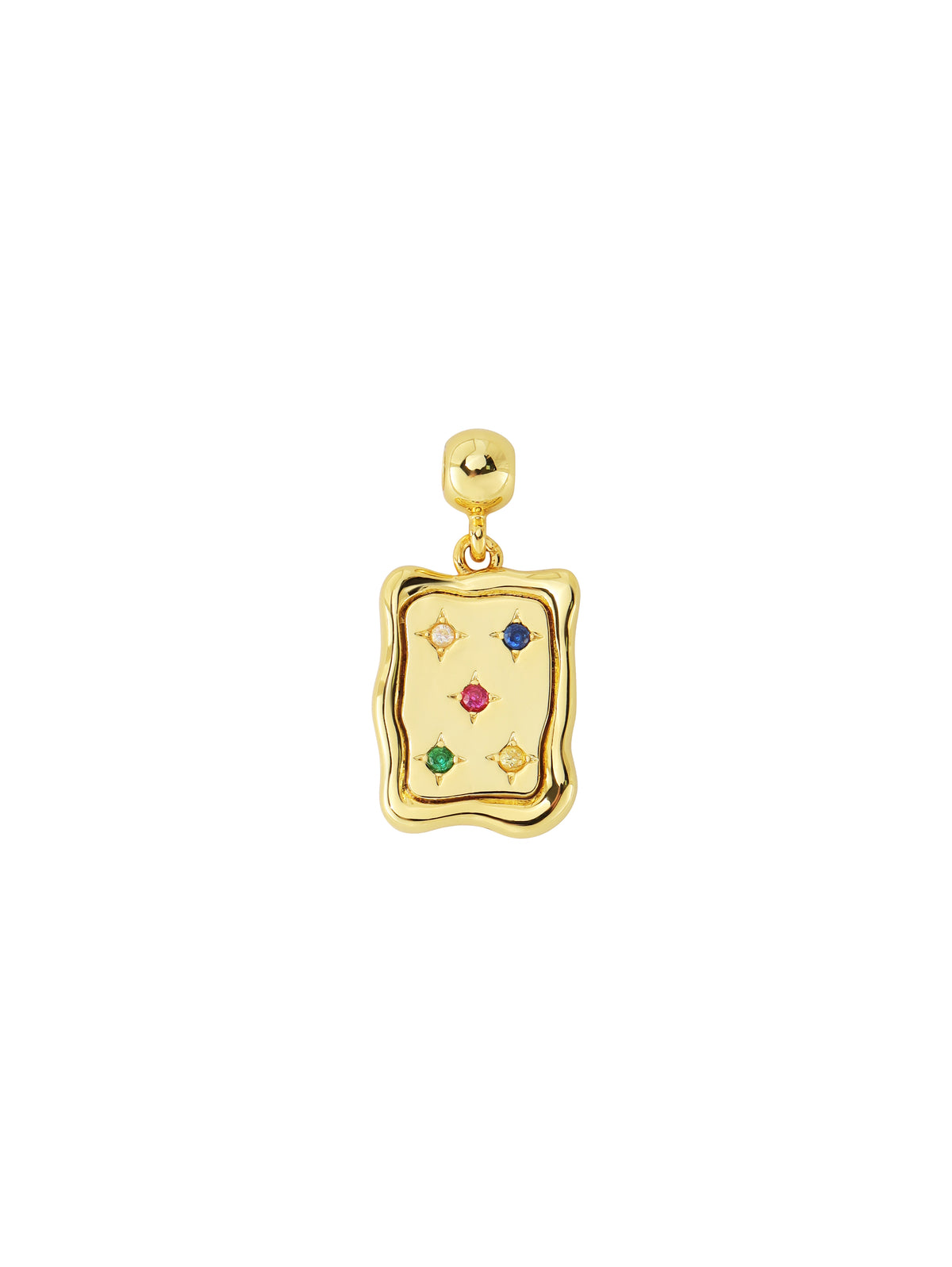 Close view of the Constellation Signet pendant: a gold tablet set with five small coloured element stones