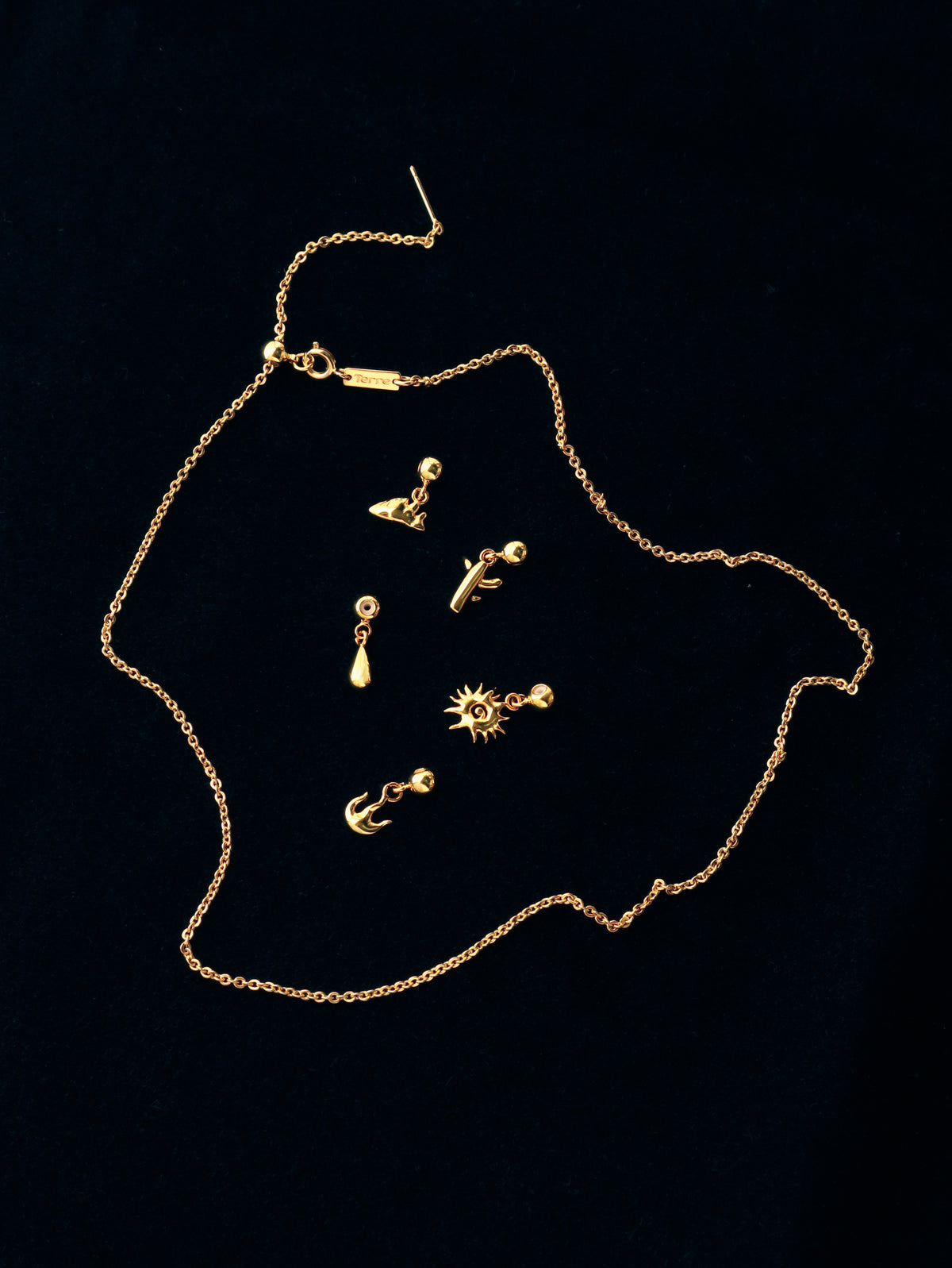 The Talisman Charm Necklace on black with its five charms detached and laid beside the chain